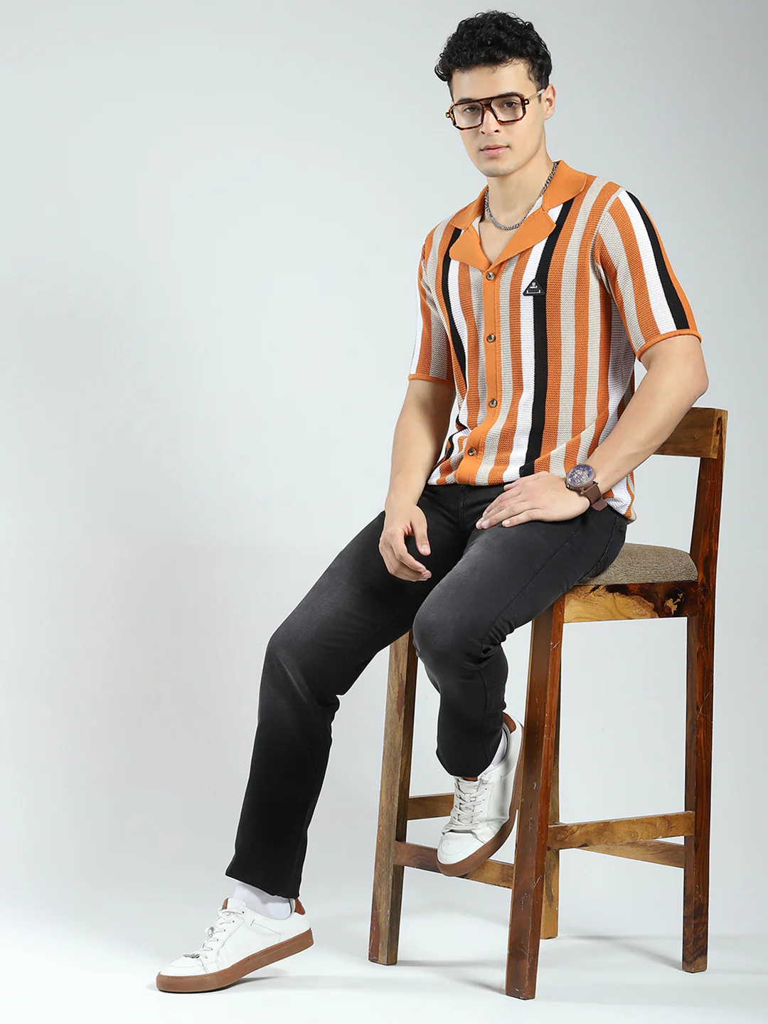 Rock.it Men Orange Stripe Collar Half Sleeve Shirt - Image 2