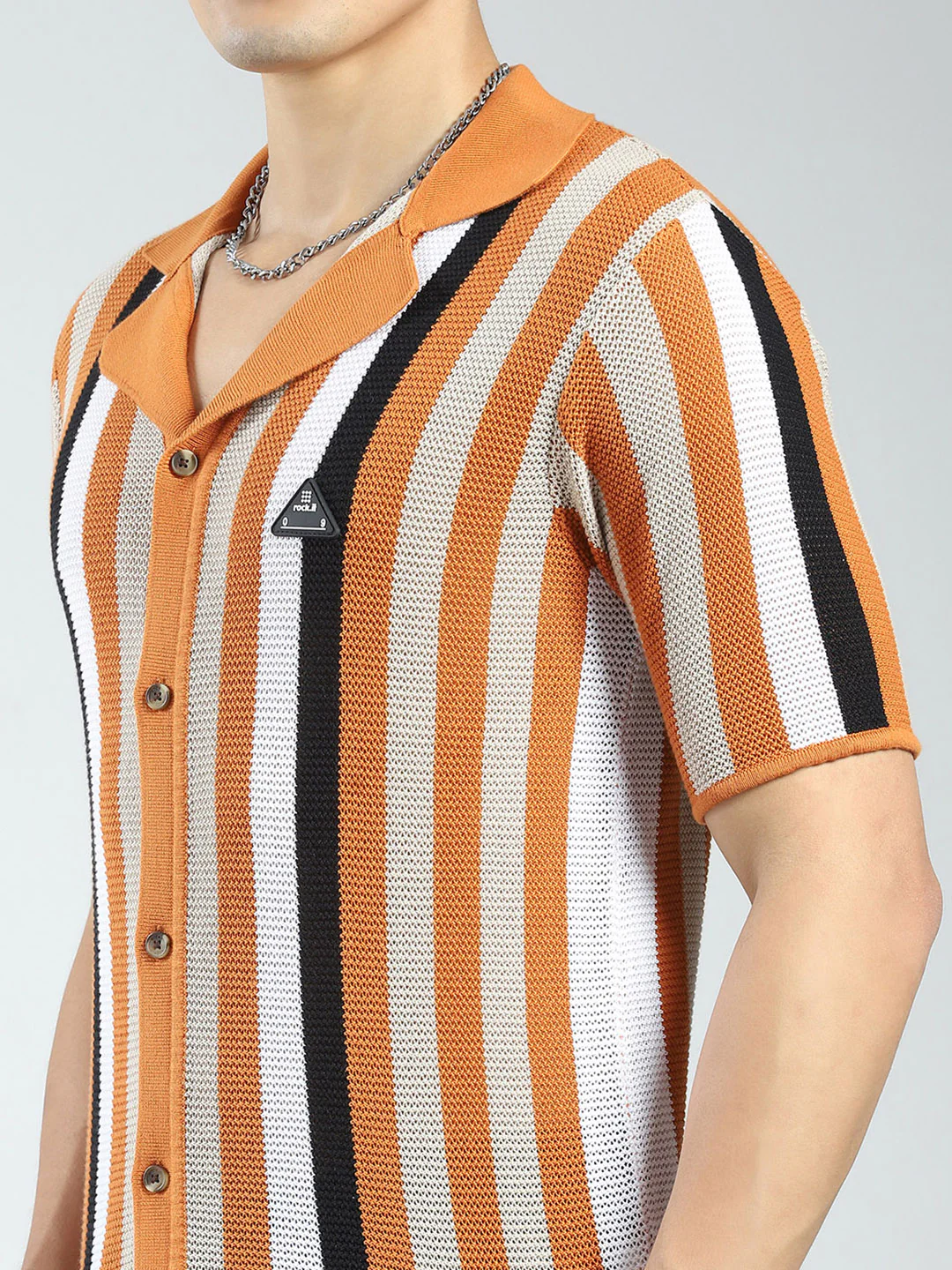 Rock.it Men Orange Stripe Collar Half Sleeve Shirt - Image 7