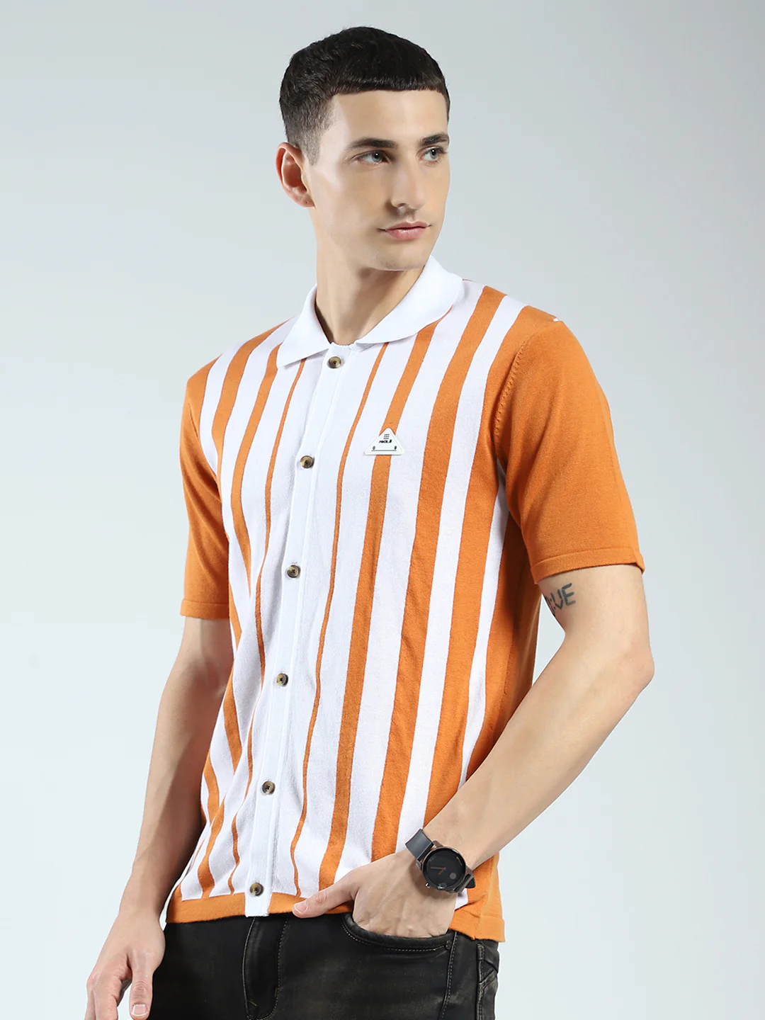 Rock.it Men Orange Stripe Collar Half Sleeve Shirt - Image 3