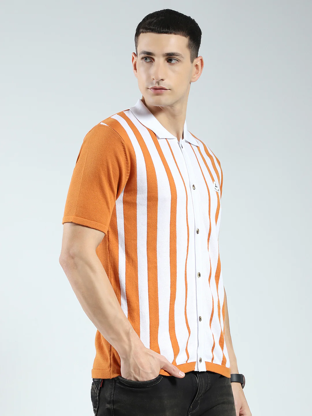 Rock.it Men Orange Stripe Collar Half Sleeve Shirt - Image 4