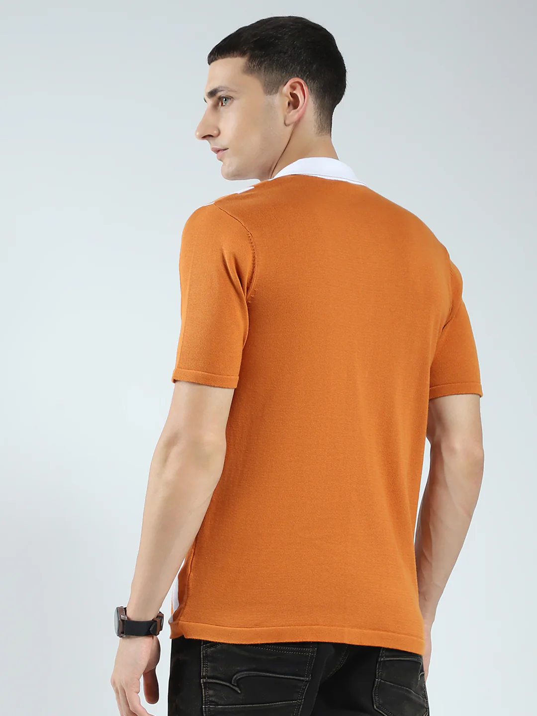 Rock.it Men Orange Stripe Collar Half Sleeve Shirt - Image 5