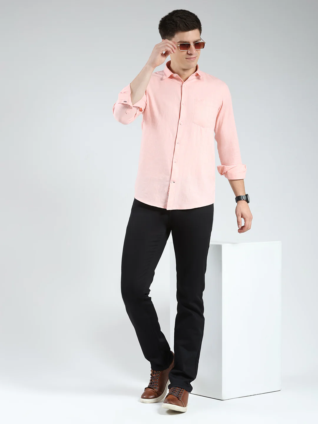 Men Peach Check Collar Full Sleeve Shirt - Image 2