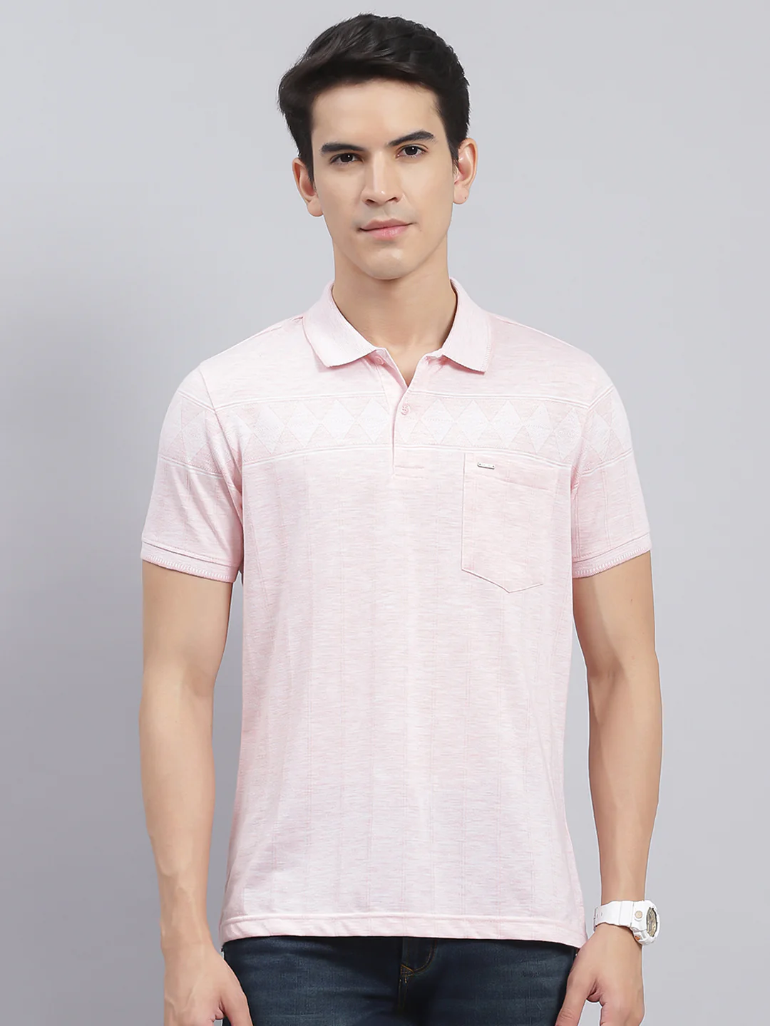 Men Peach Jaquard Cotton Blend T-Shirt - Image 2