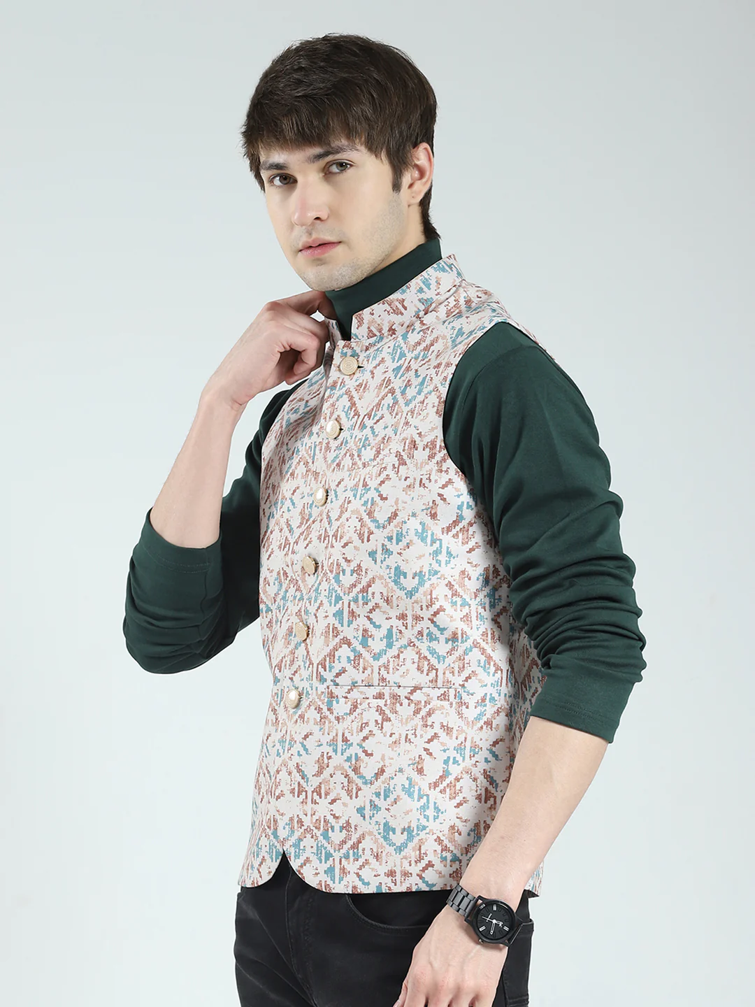 Men Peach Printed Band Neck Sleeveless Nehru Jacket - Image 3