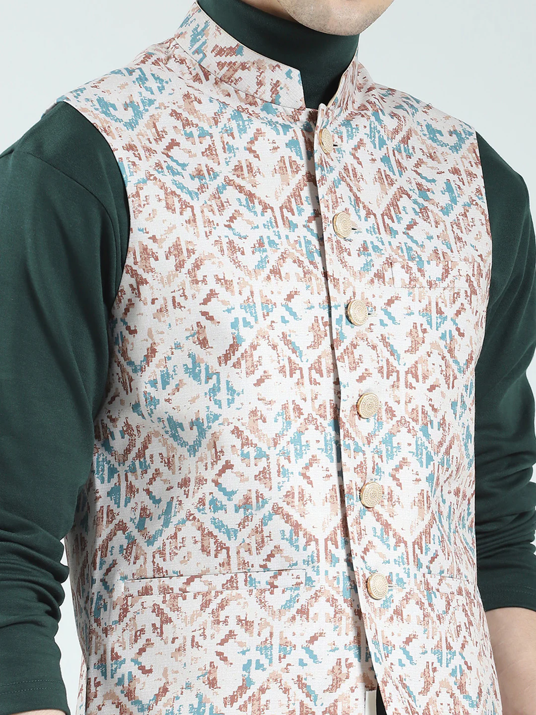 Men Peach Printed Band Neck Sleeveless Nehru Jacket - Image 7