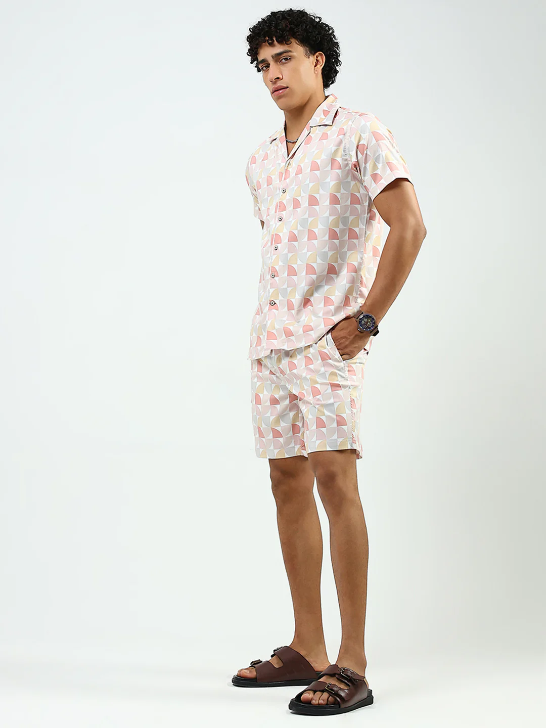 Men Peach Printed Collar Half Sleeve Cords Set - Image 3