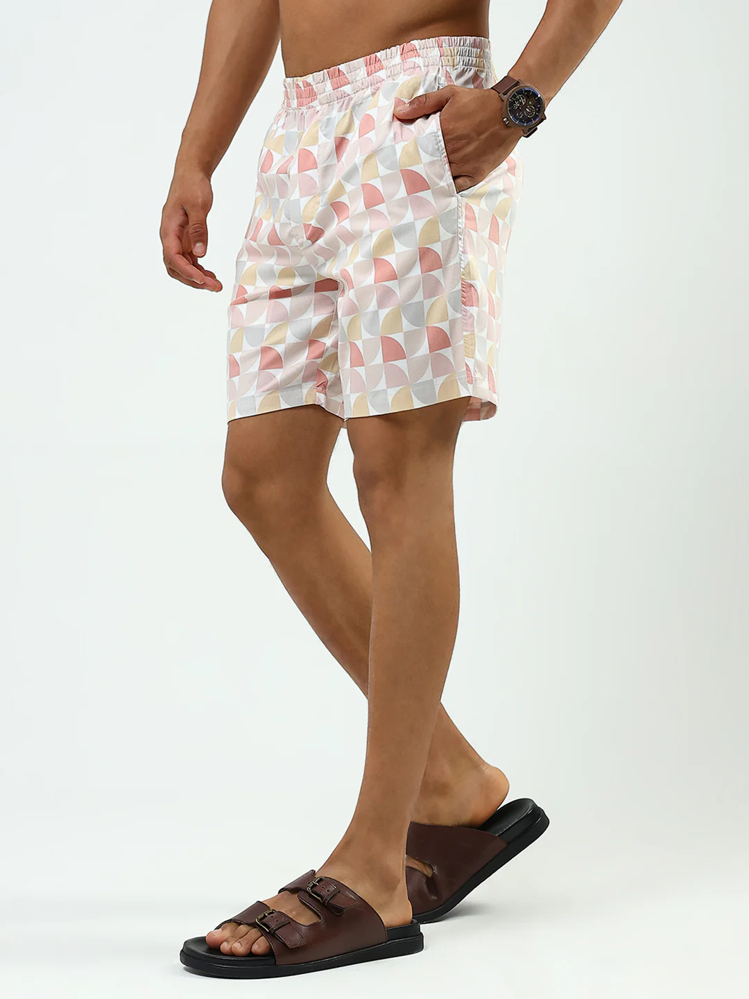 Men Peach Printed Collar Half Sleeve Cords Set - Image 6