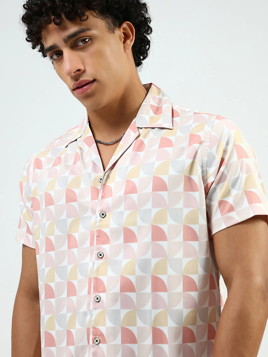 Men Peach Printed Collar Half Sleeve Cords Set - Image 7