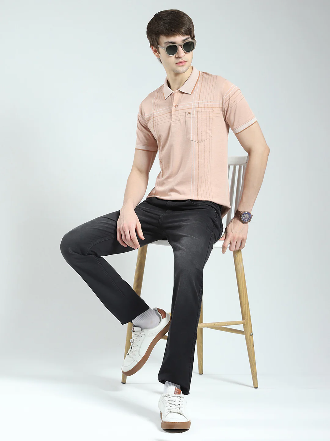 Men Peach Printed Collar Half Sleeve T-Shirt - Image 2