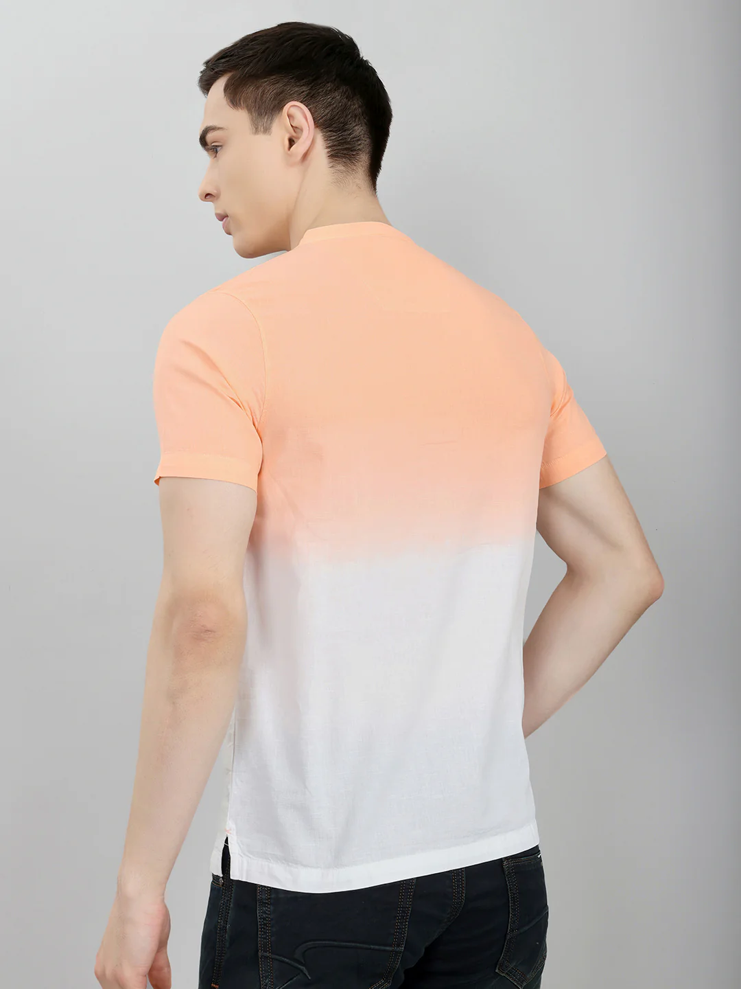 Men Peach Printed Henley Neck Half Sleeve T-Shirt - Image 5