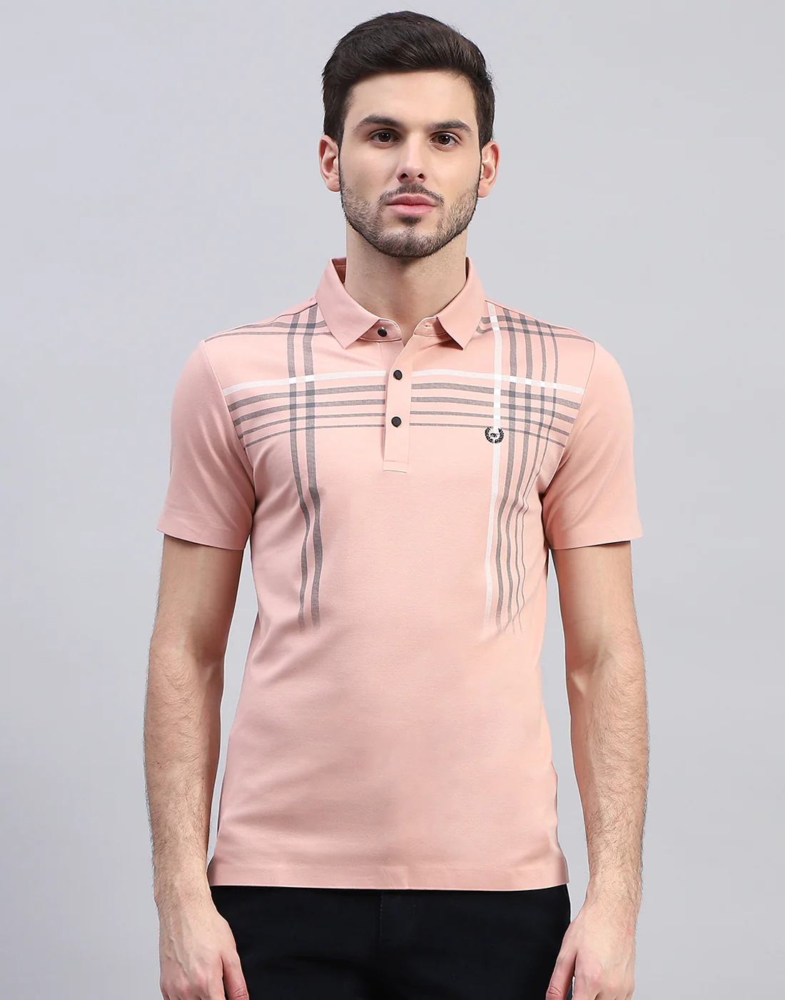 Men Peach Printed Polo Collar Half Sleeve T-Shirt - Image 3