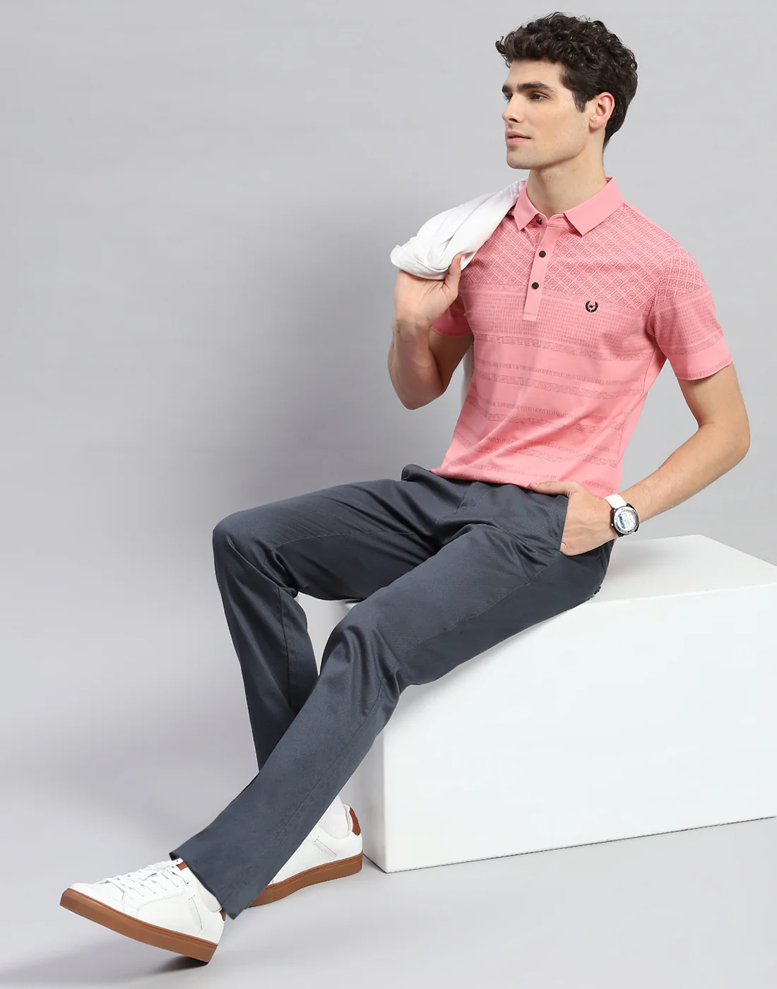 Men Peach Printed Polo Collar Half Sleeve T-Shirt - Image 2