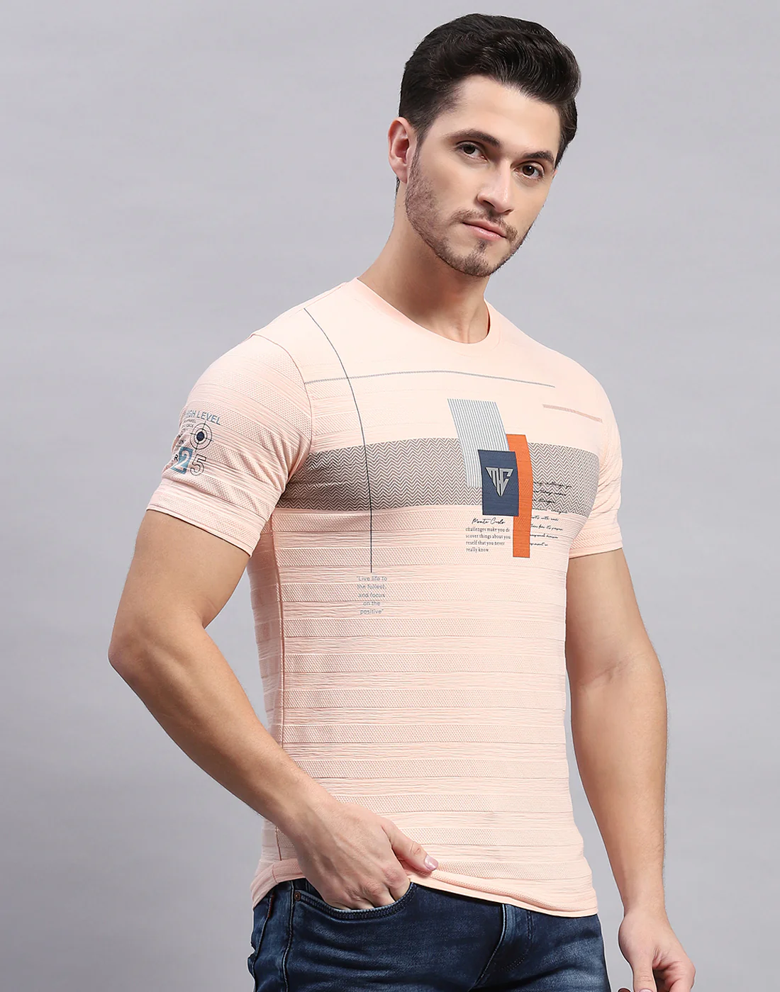 Men Peach Printed Round Neck Half Sleeve T-Shirt - Image 4