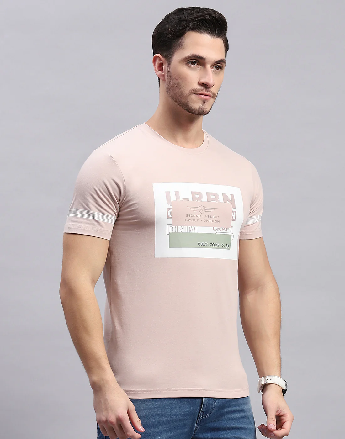 Men Peach Printed Round Neck Half Sleeve T-Shirt - Image 4