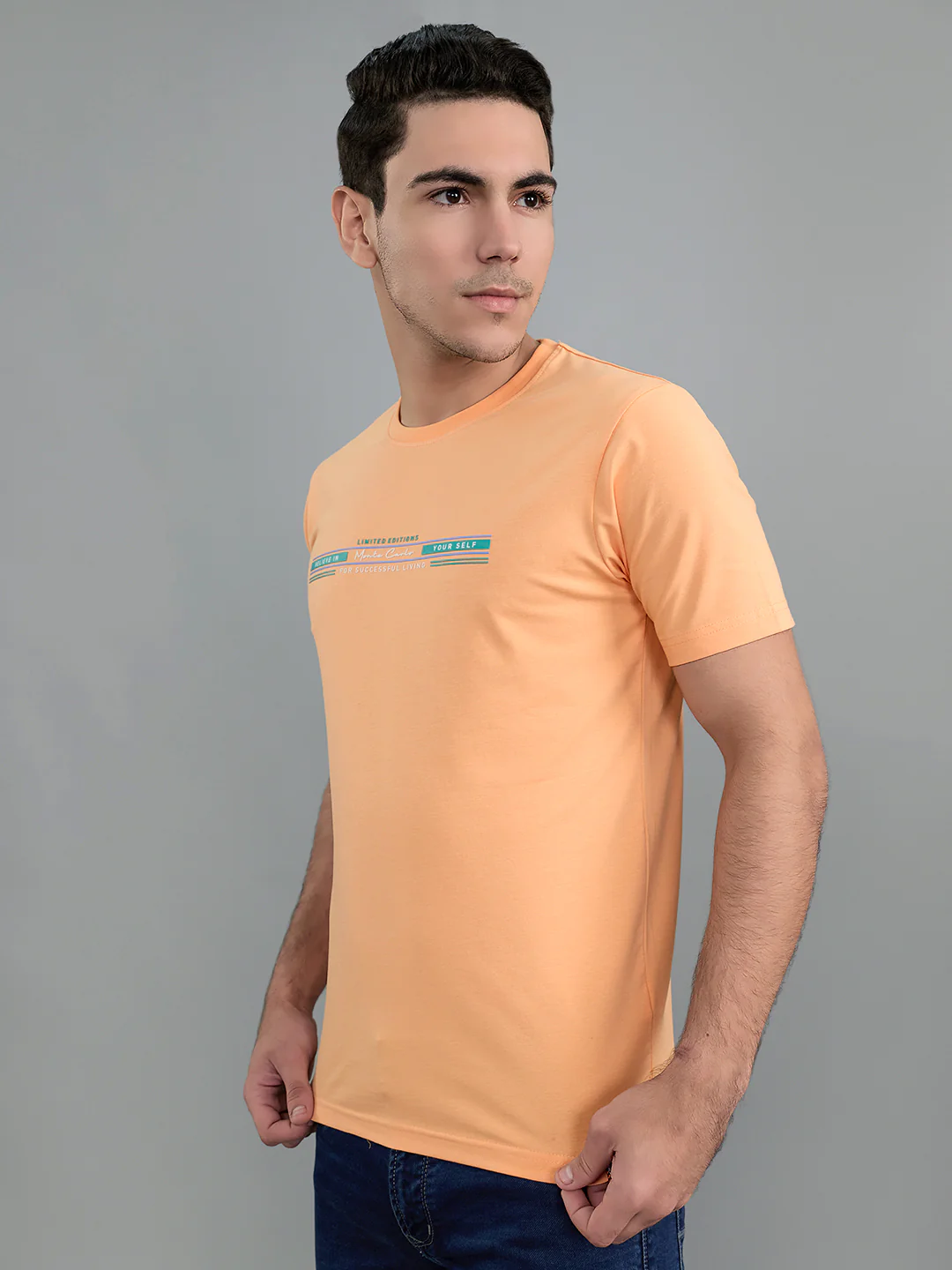 Men Peach Printed Round Neck Half Sleeve T-Shirt - Image 2