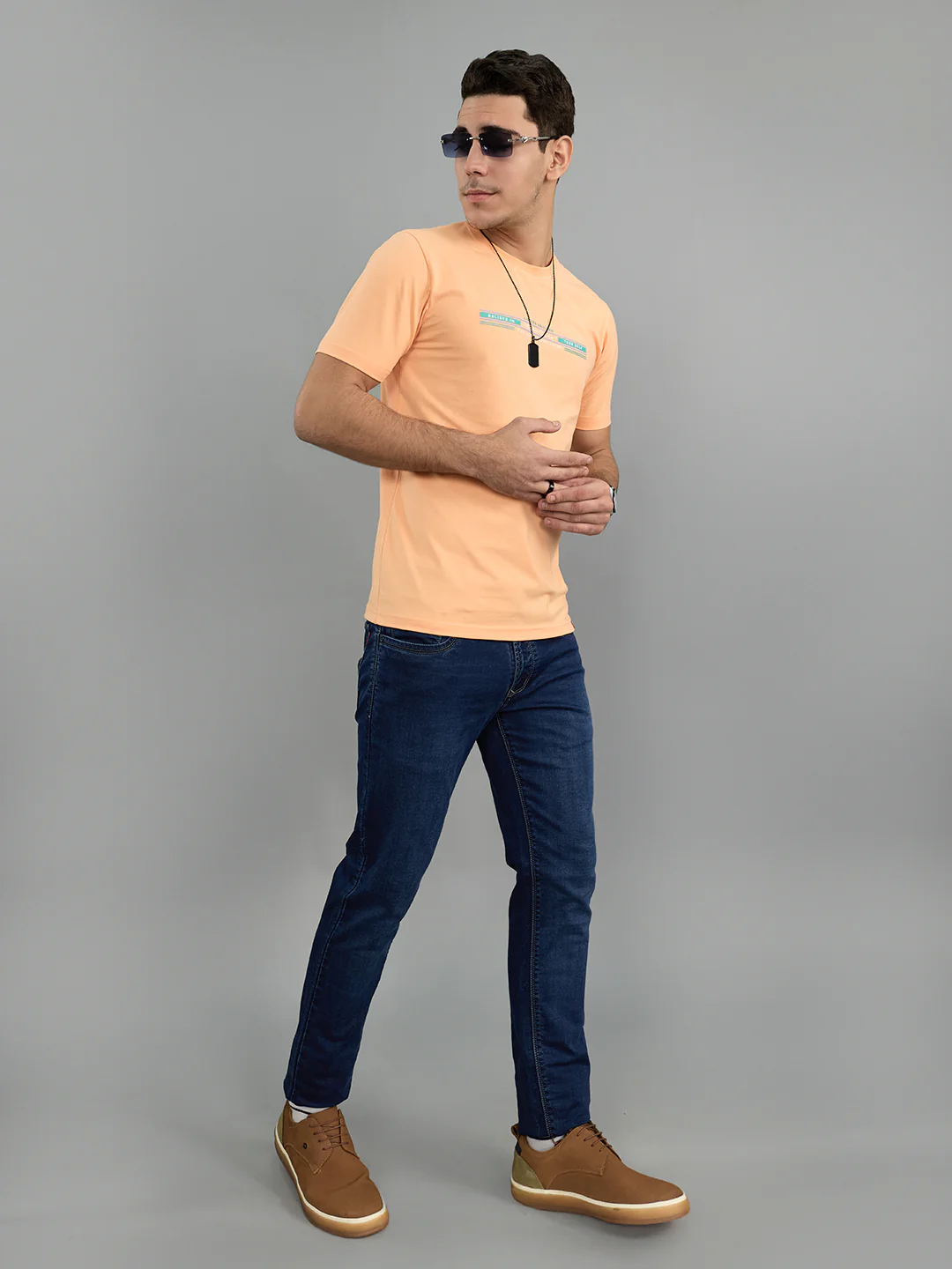 Men Peach Printed Round Neck Half Sleeve T-Shirt - Image 6