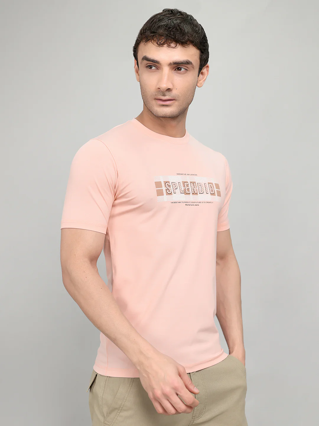 Men Peach Printed Round Neck Half Sleeve T-Shirt - Image 3
