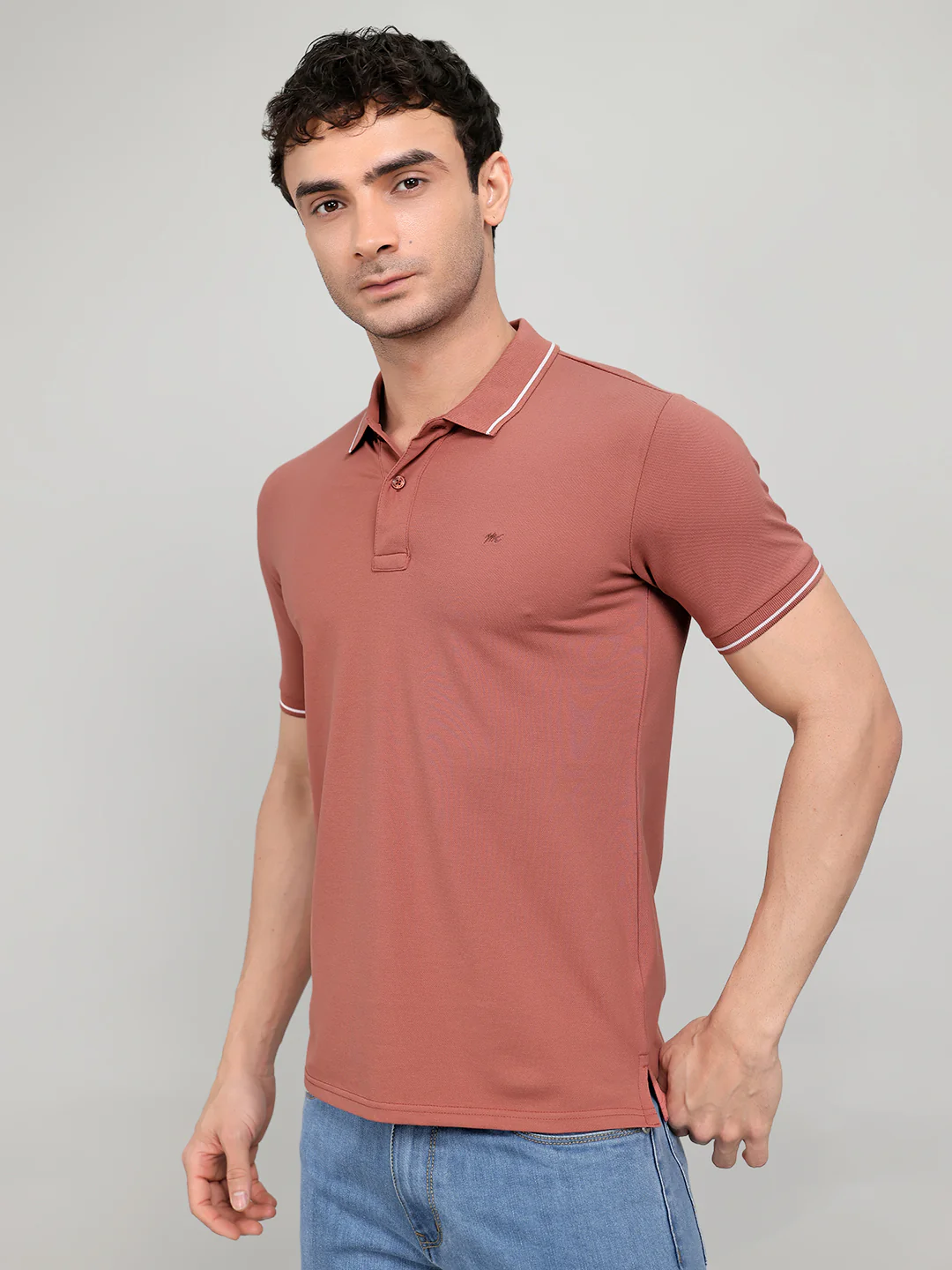 Men Peach Solid Collar Half Sleeve T-Shirt - Image 2