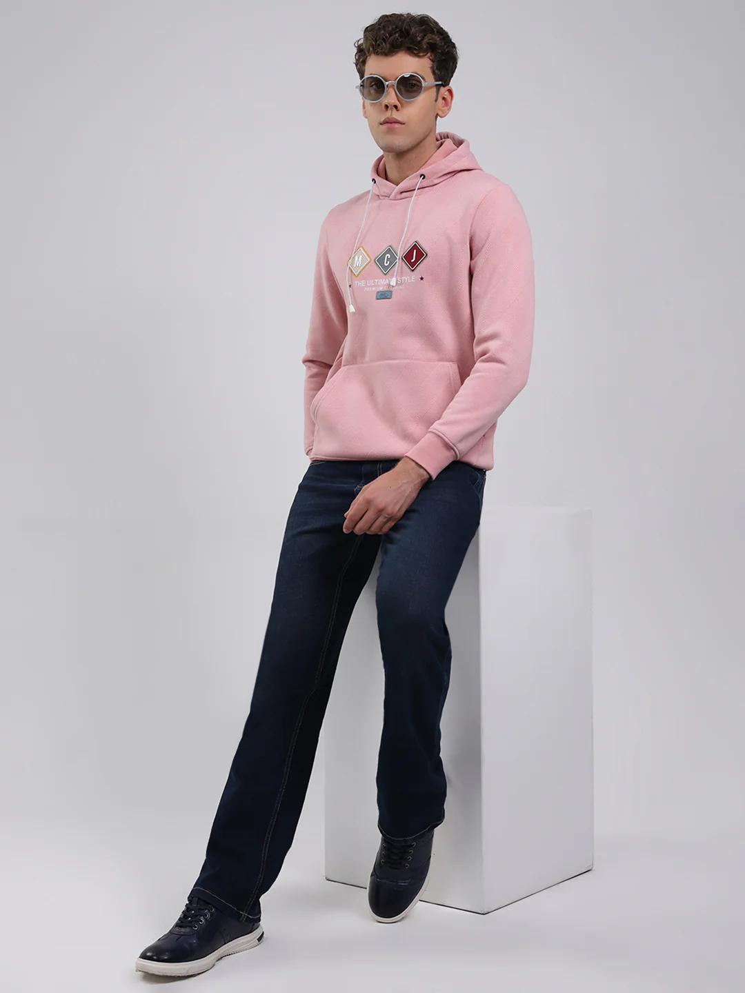 Men Peach Solid Hooded Full Sleeve Sweatshirt - Image 2