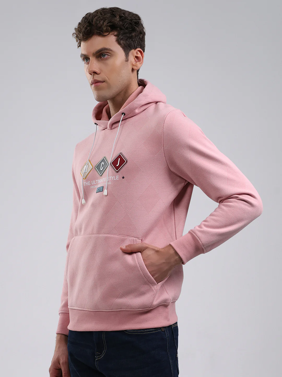 Men Peach Solid Hooded Full Sleeve Sweatshirt - Image 3