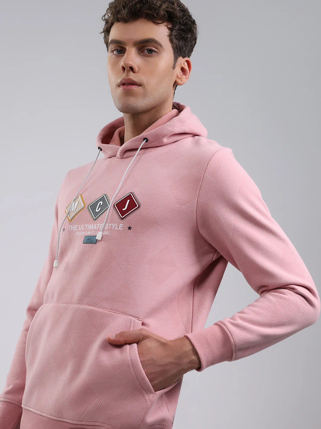 Men Peach Solid Hooded Full Sleeve Sweatshirt - Image 7