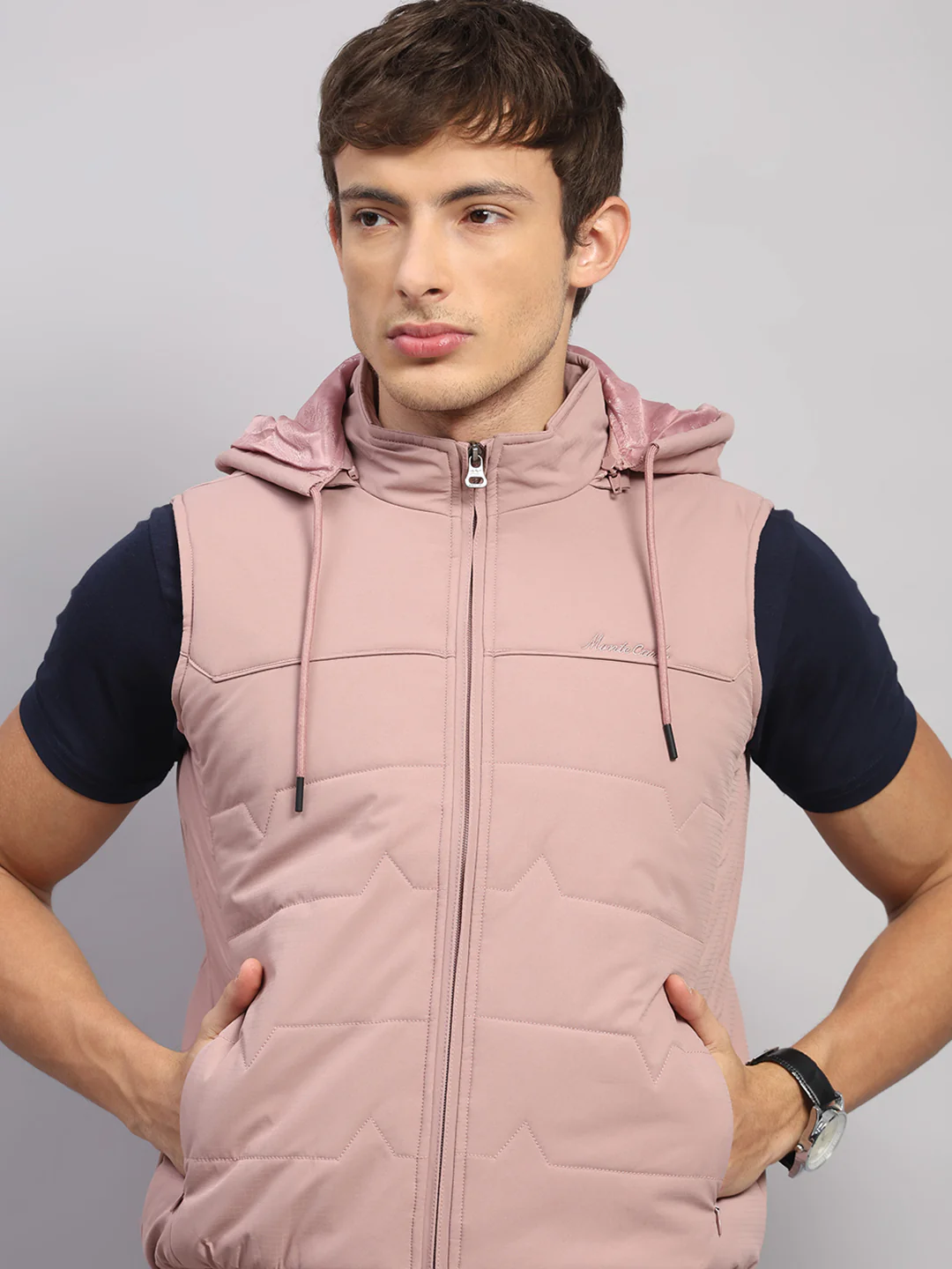 Men Peach Solid Hooded Sleeveless Jacket - Image 7