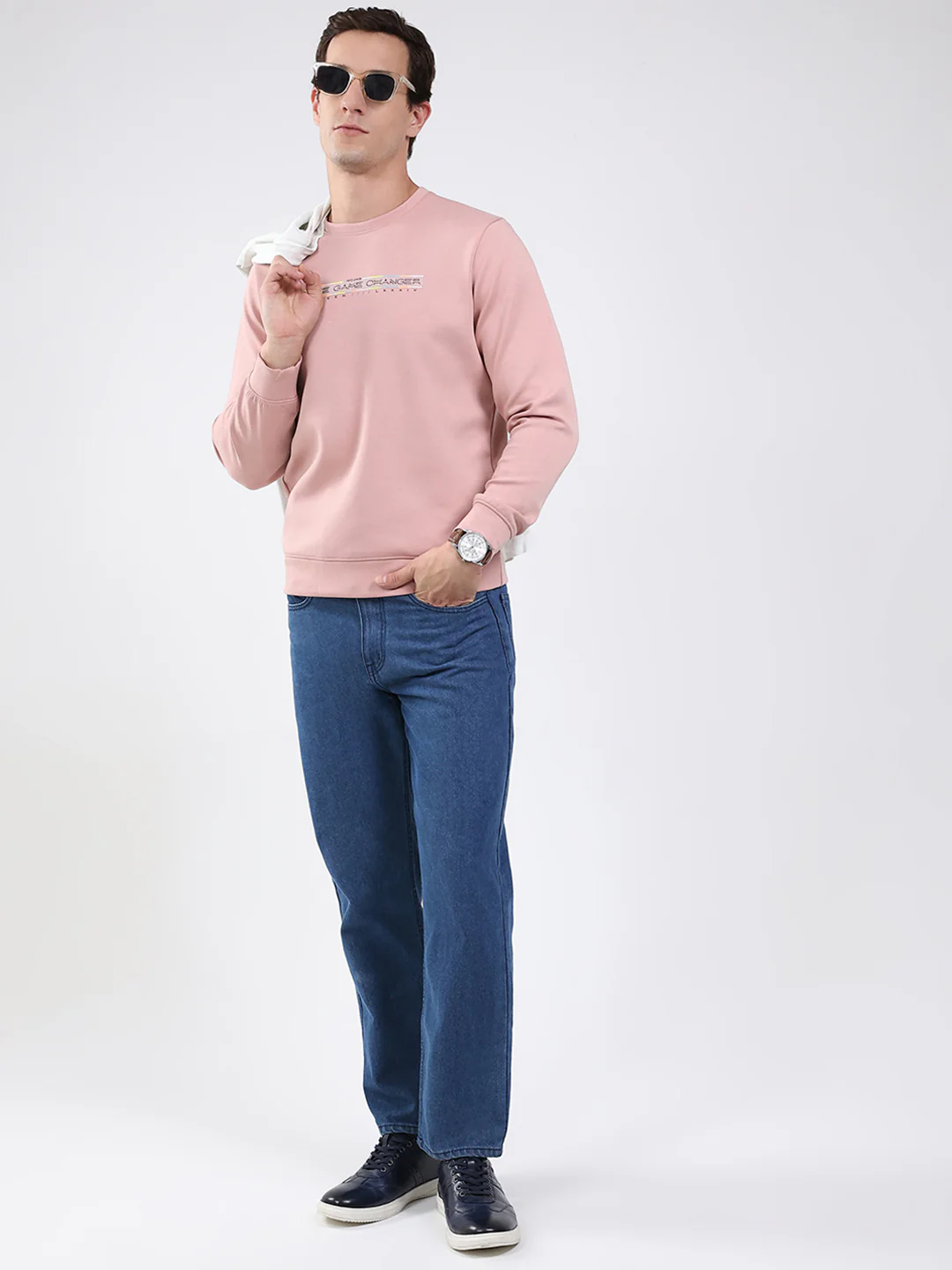 Men Peach Solid Round Neck Full Sleeve Sweatshirt - Image 2
