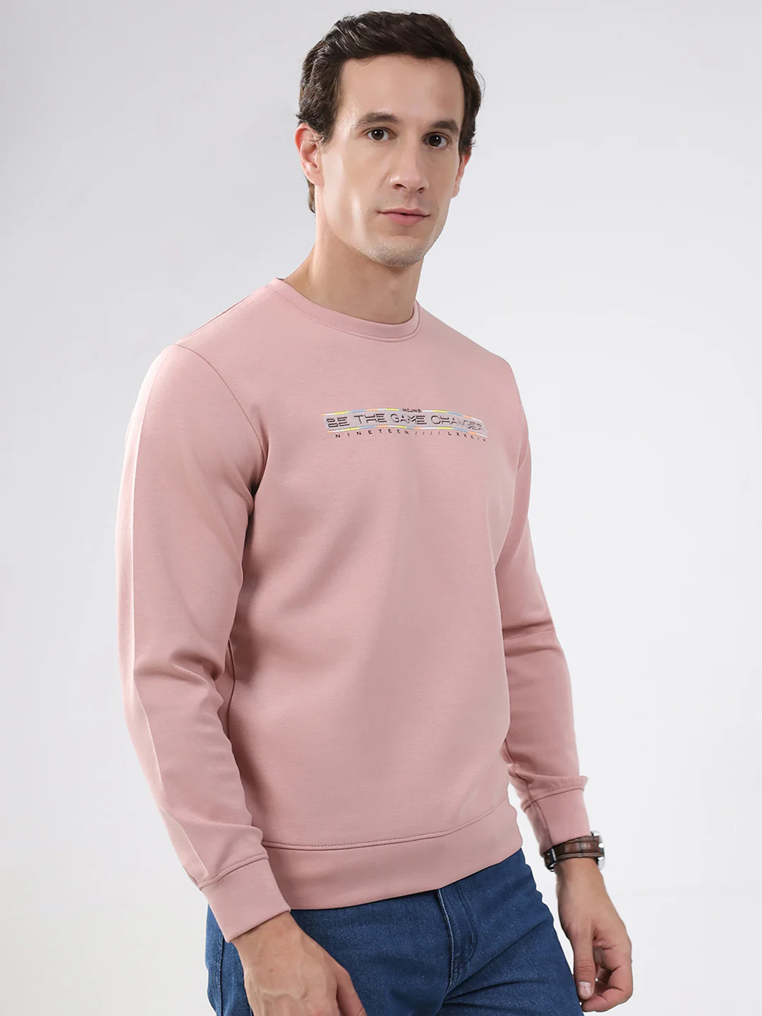 Men Peach Solid Round Neck Full Sleeve Sweatshirt - Image 4