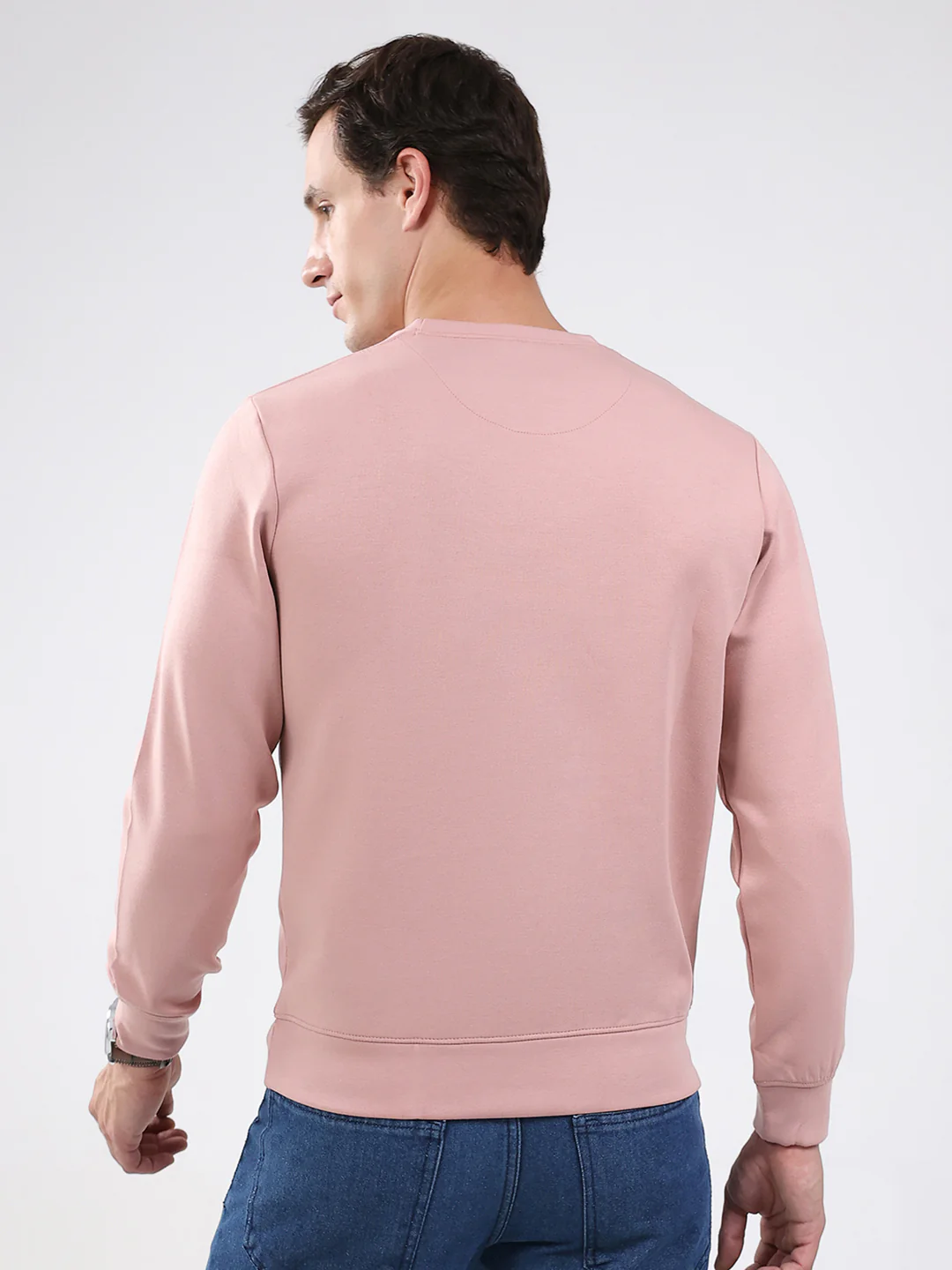 Men Peach Solid Round Neck Full Sleeve Sweatshirt - Image 5