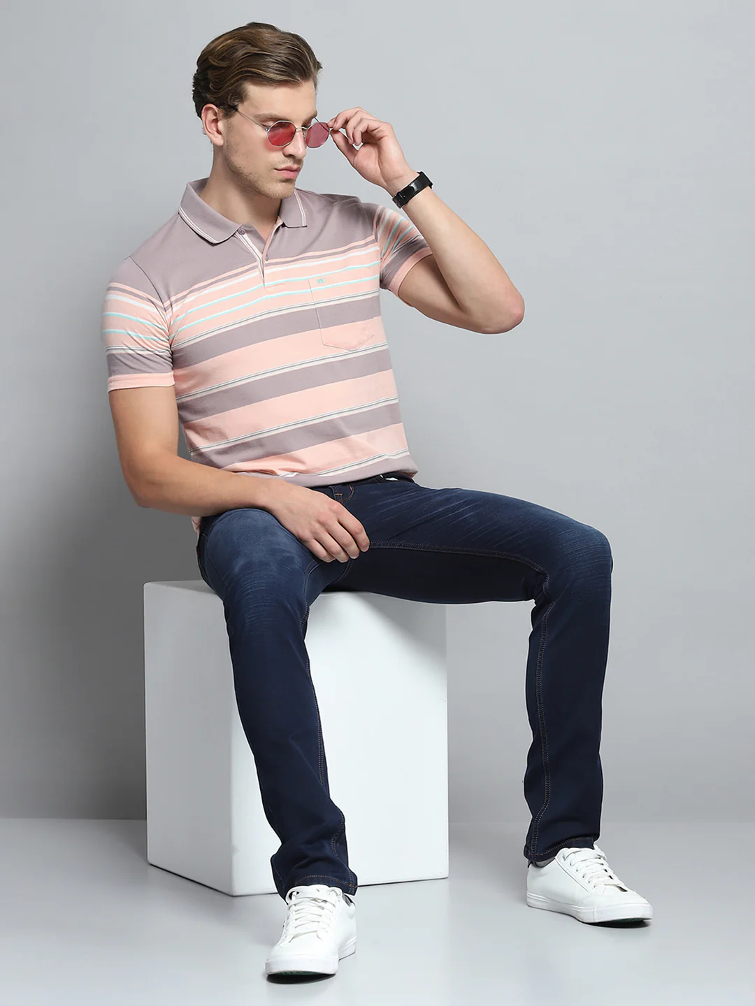 Men Peach Stripe Collar Half Sleeve T-Shirt - Image 2