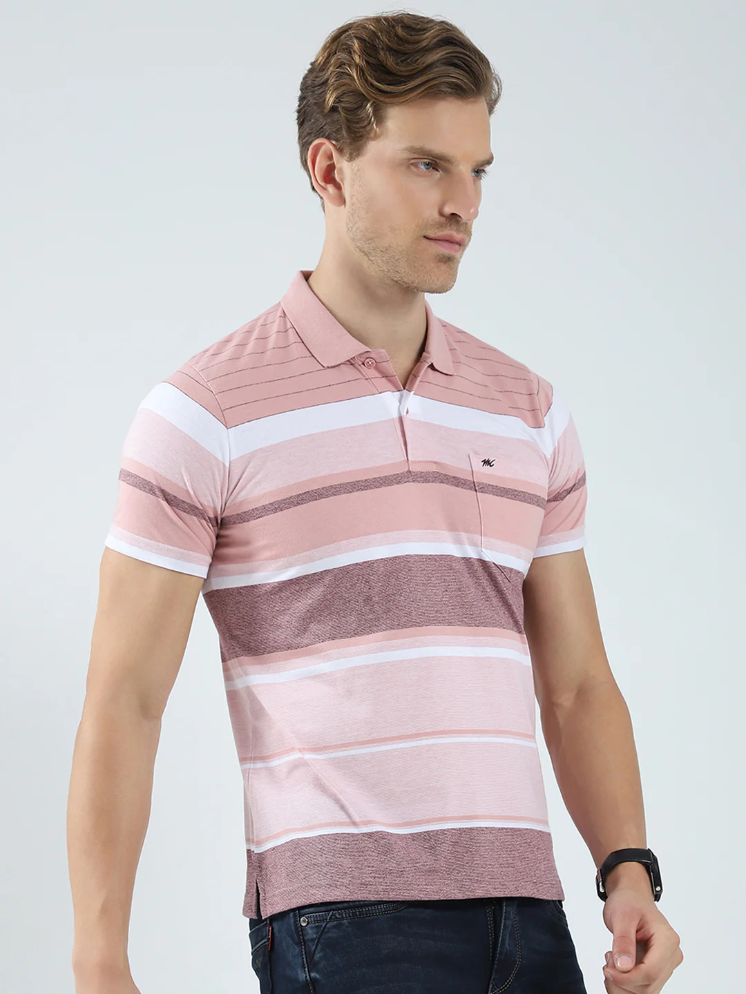 Men Peach Stripe Collar Half Sleeve T-Shirt - Image 4