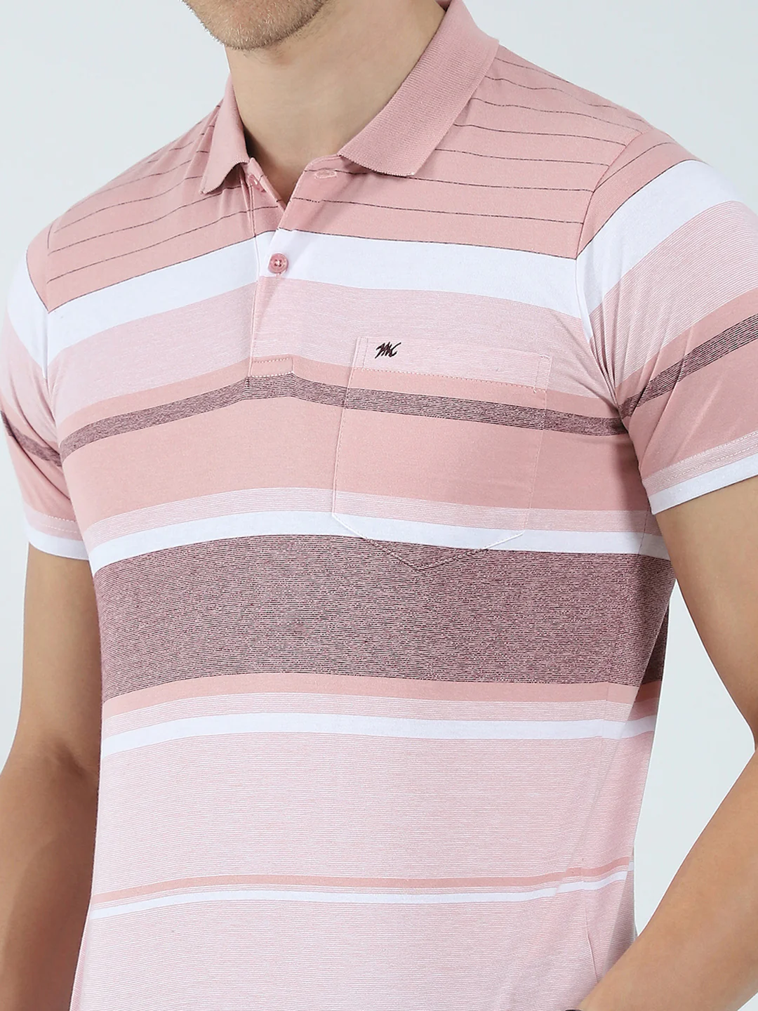 Men Peach Stripe Collar Half Sleeve T-Shirt - Image 7