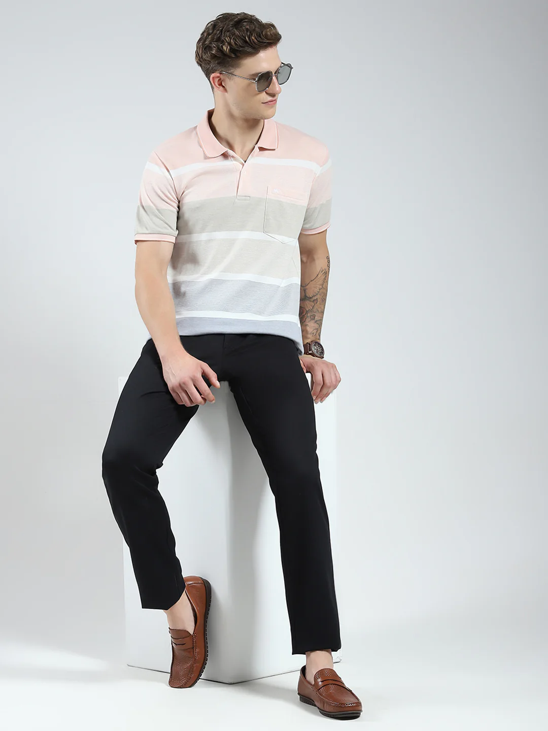 Men Peach Stripe Collar Half Sleeve T-Shirt - Image 2