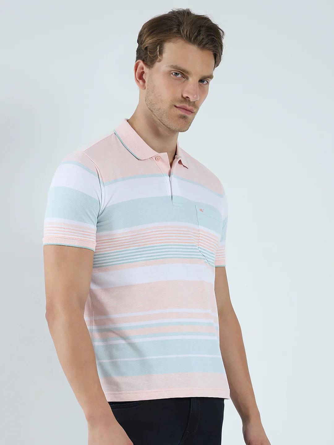 Men Peach Stripe Collar Half Sleeve T-Shirt - Image 4