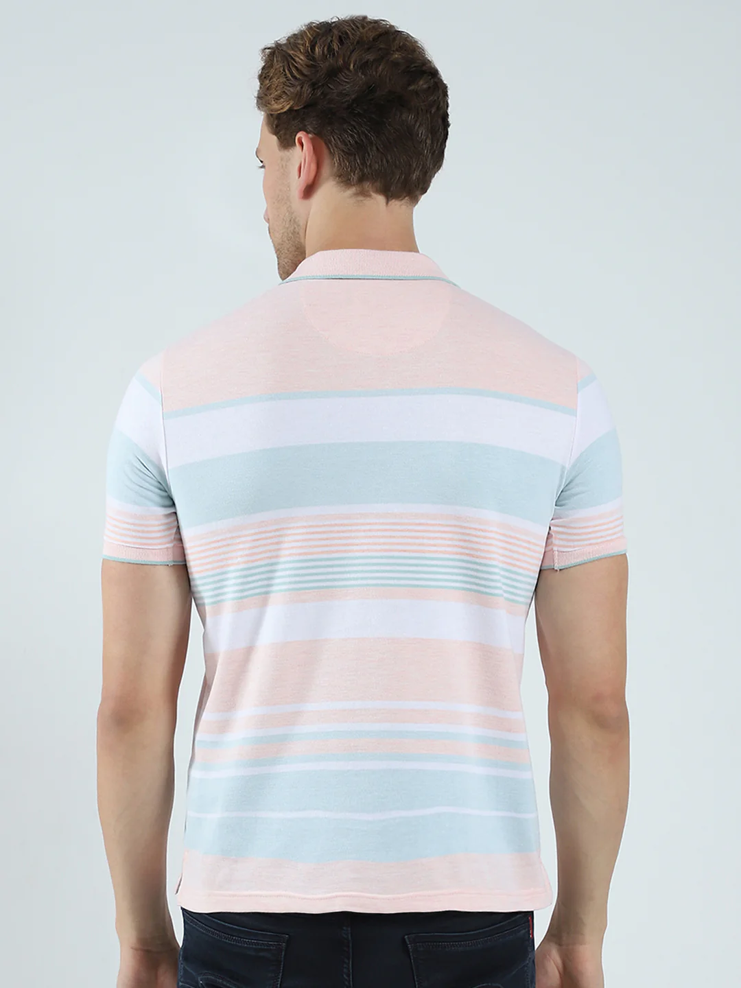 Men Peach Stripe Collar Half Sleeve T-Shirt - Image 5