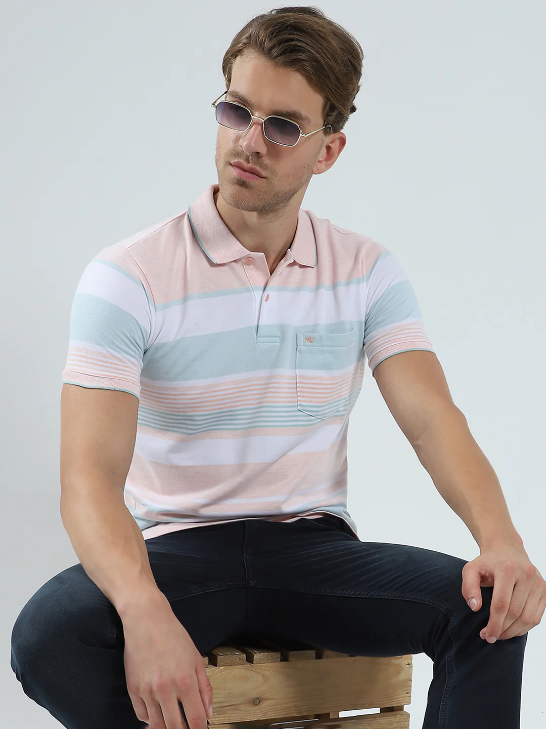Men Peach Stripe Collar Half Sleeve T-Shirt - Image 6