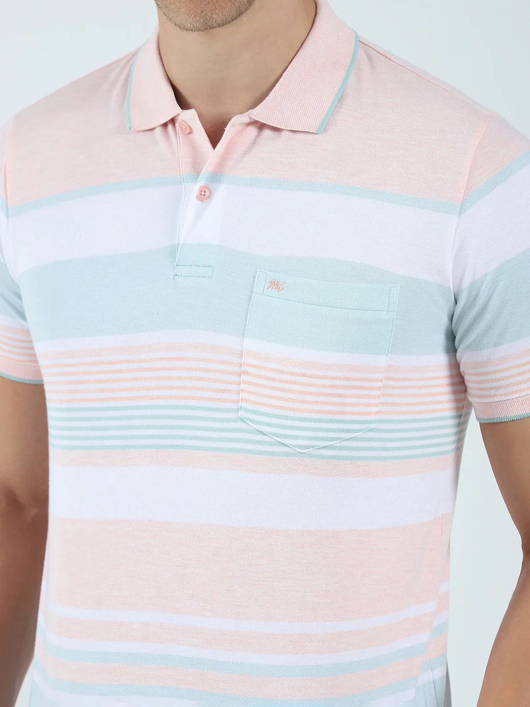 Men Peach Stripe Collar Half Sleeve T-Shirt - Image 7
