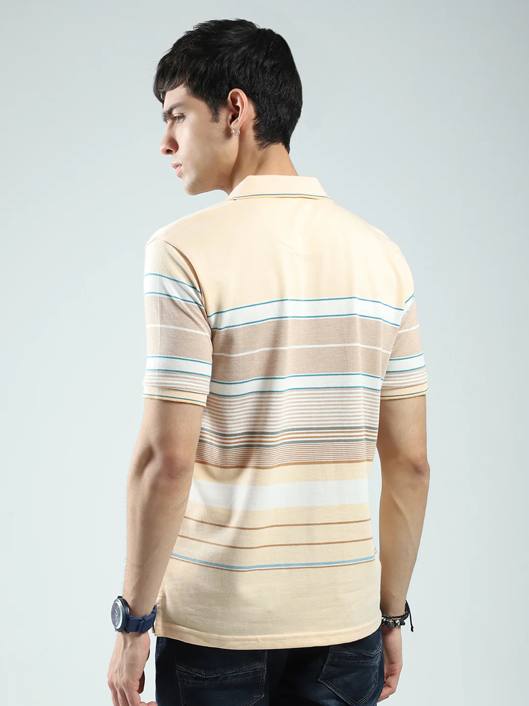 Men Peach Stripe Collar Half Sleeve T-Shirt - Image 5