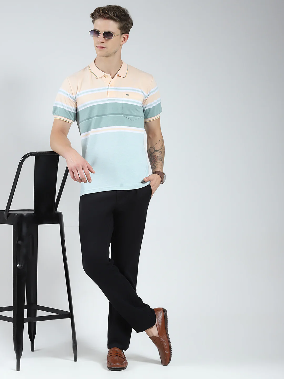 Men Peach Stripe Collar Half Sleeve T-Shirt - Image 2