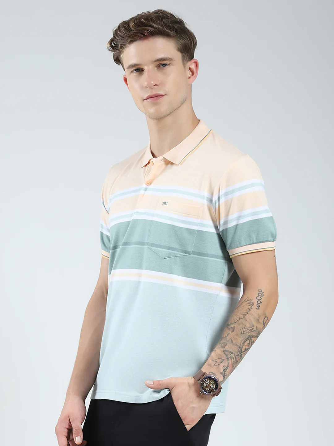 Men Peach Stripe Collar Half Sleeve T-Shirt - Image 3