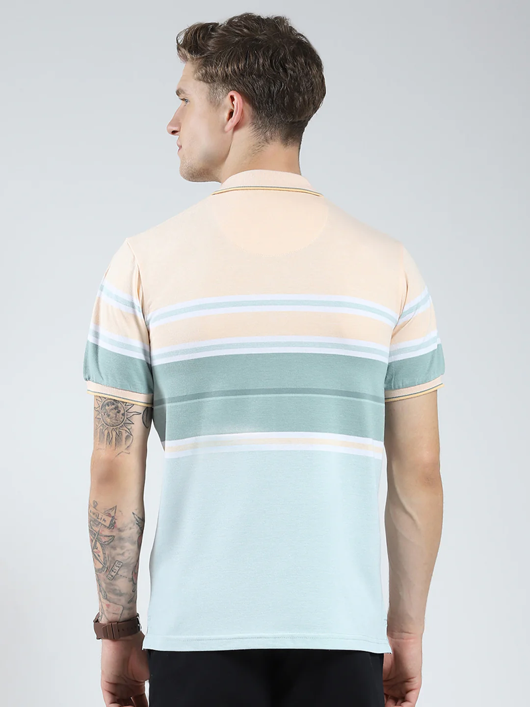 Men Peach Stripe Collar Half Sleeve T-Shirt - Image 5