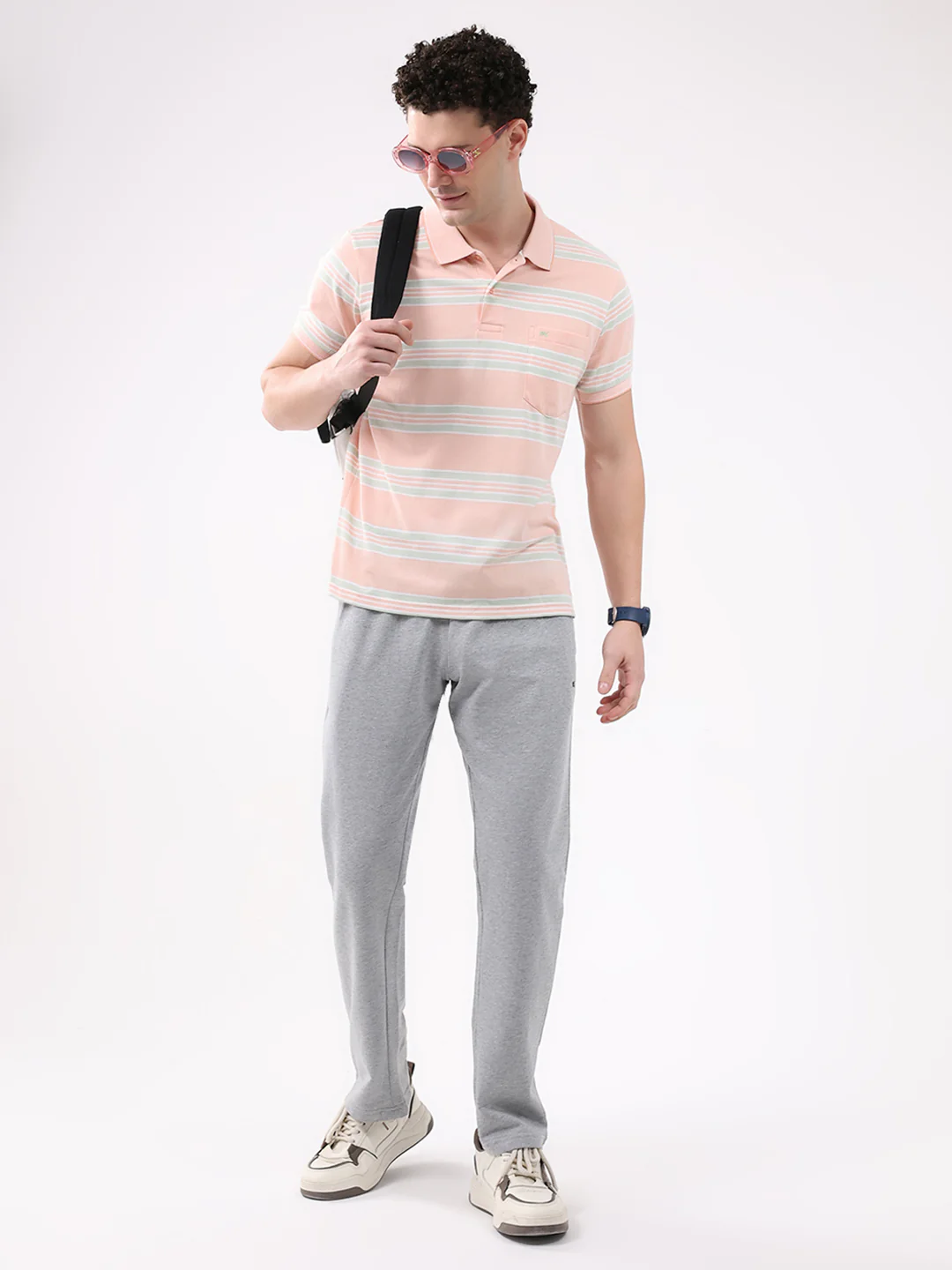 Men Peach Stripe Collar Half Sleeve T-Shirt - Image 2