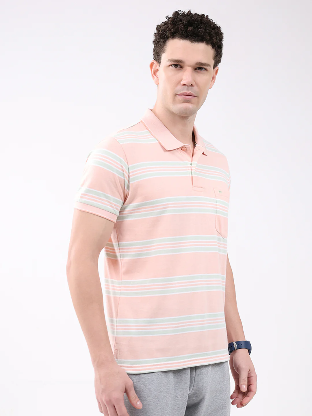 Men Peach Stripe Collar Half Sleeve T-Shirt - Image 3