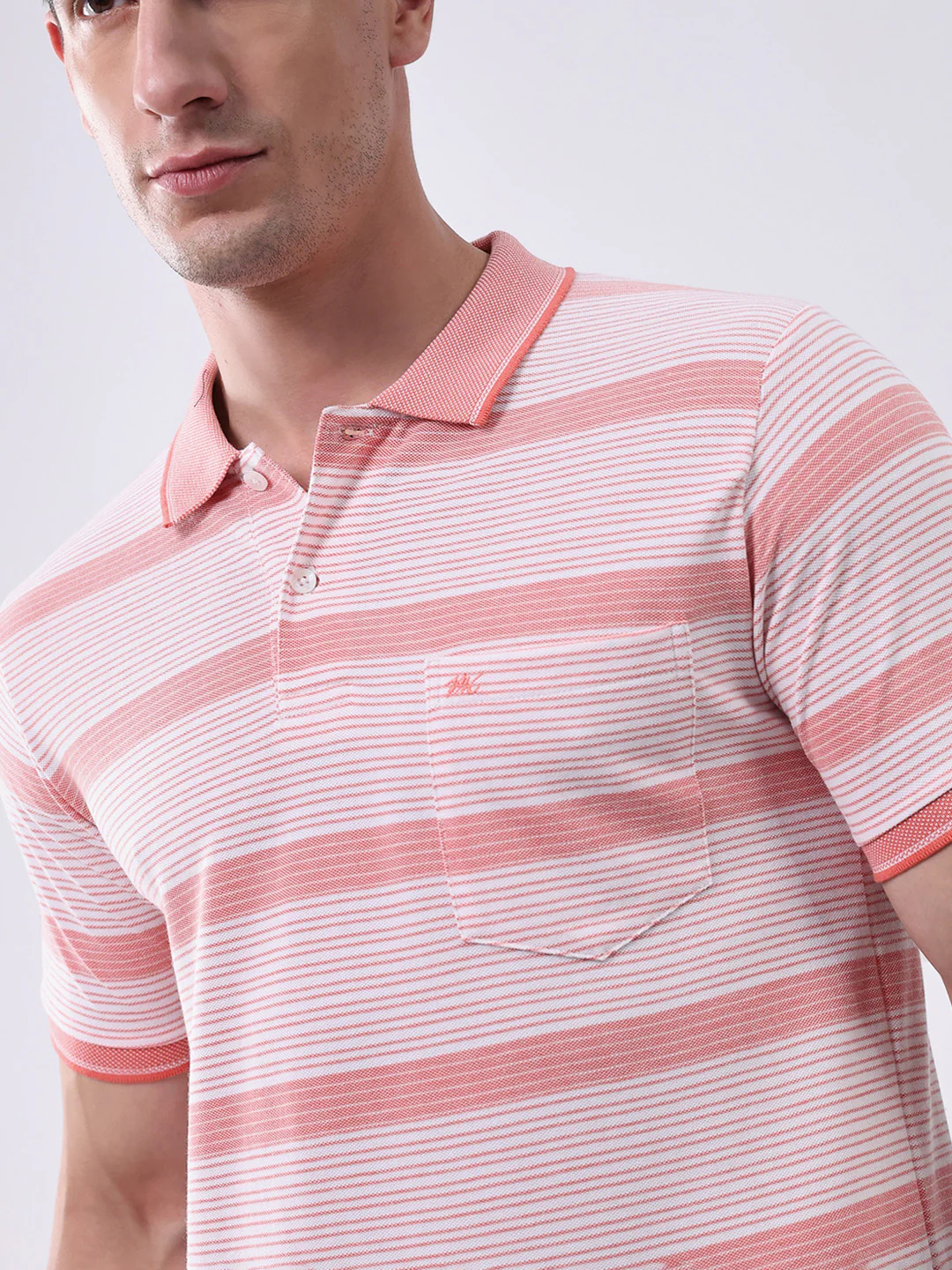 Men Peach Stripe Collar Half Sleeve T-Shirt - Image 6
