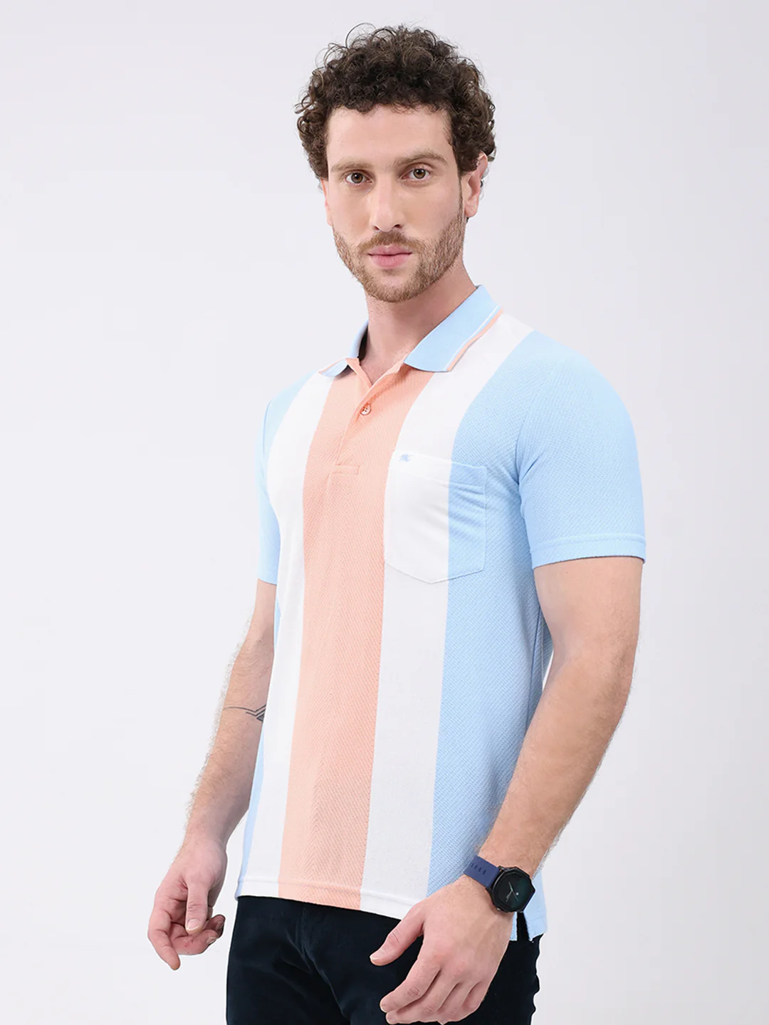 Men Peach Stripe Collar Half Sleeve T-Shirt - Image 3