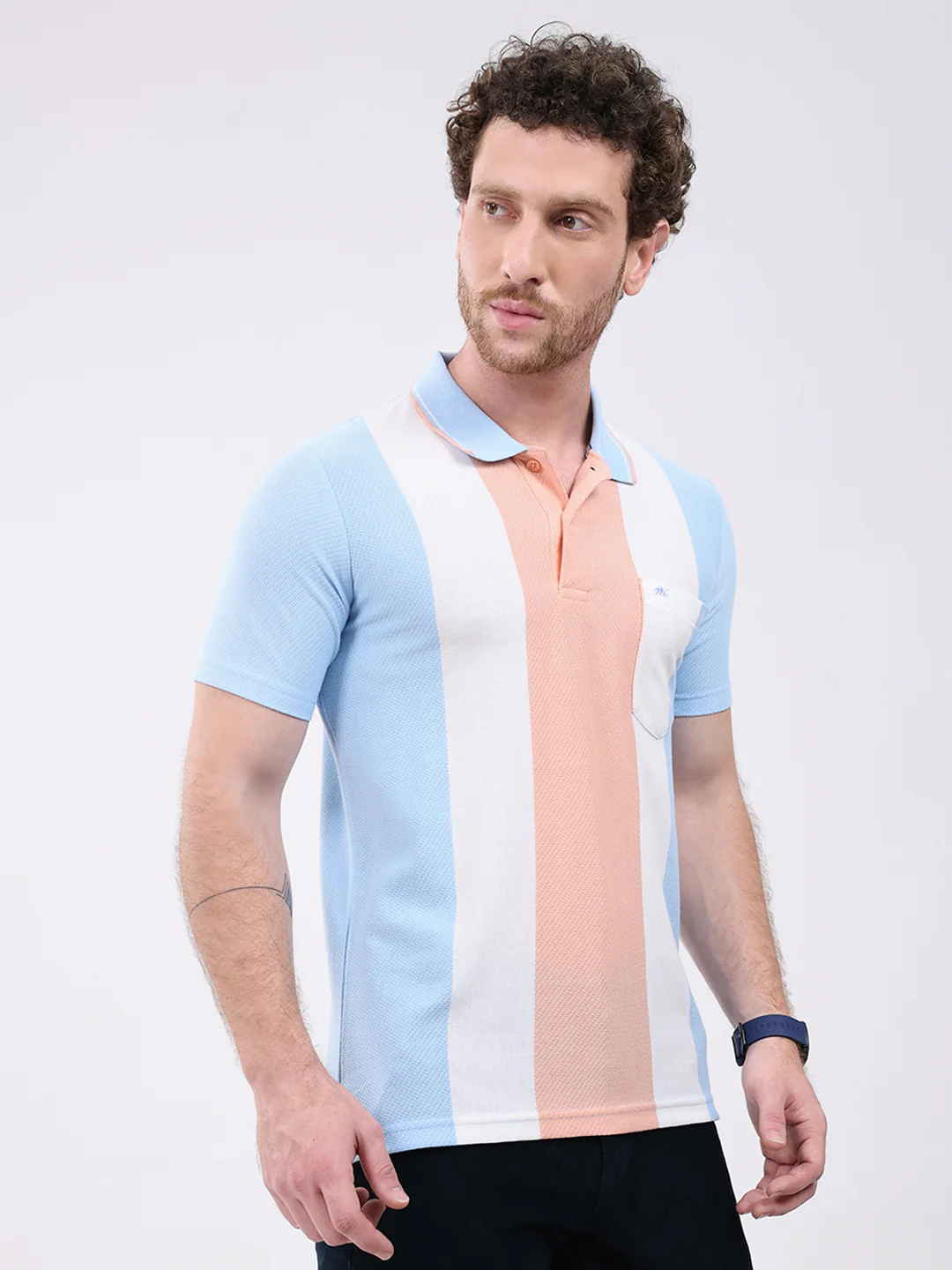 Men Peach Stripe Collar Half Sleeve T-Shirt - Image 4
