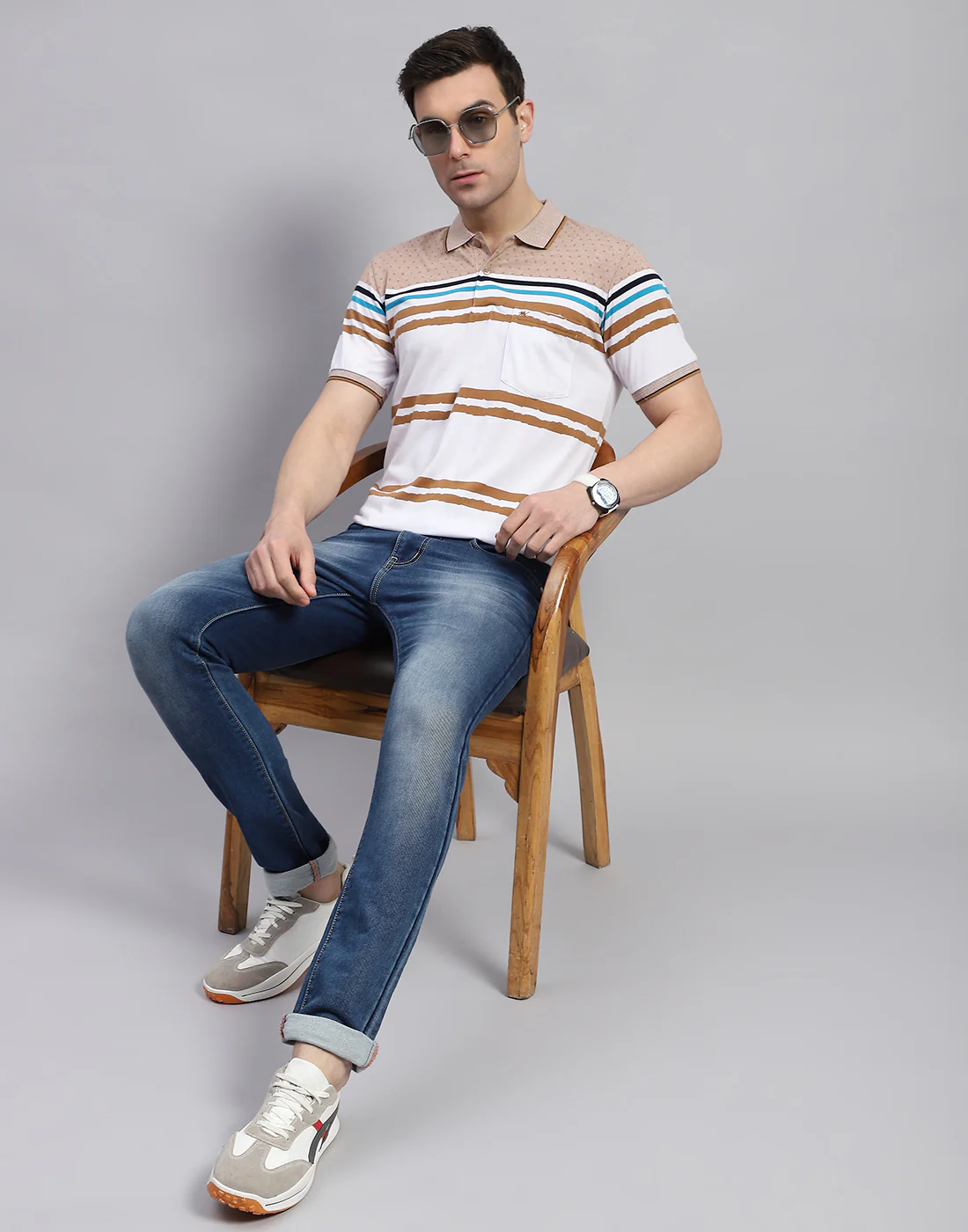 Men Peach Stripe Polo Collar Half Sleeve T-Shirt - Image 2