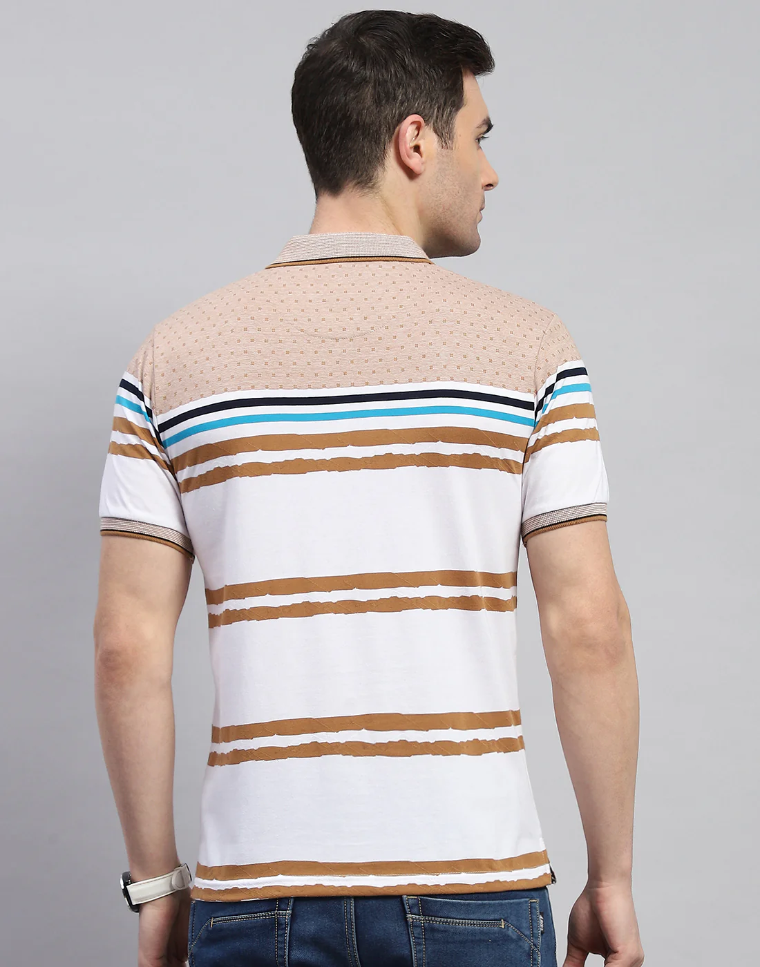 Men Peach Stripe Polo Collar Half Sleeve T-Shirt - Image 6