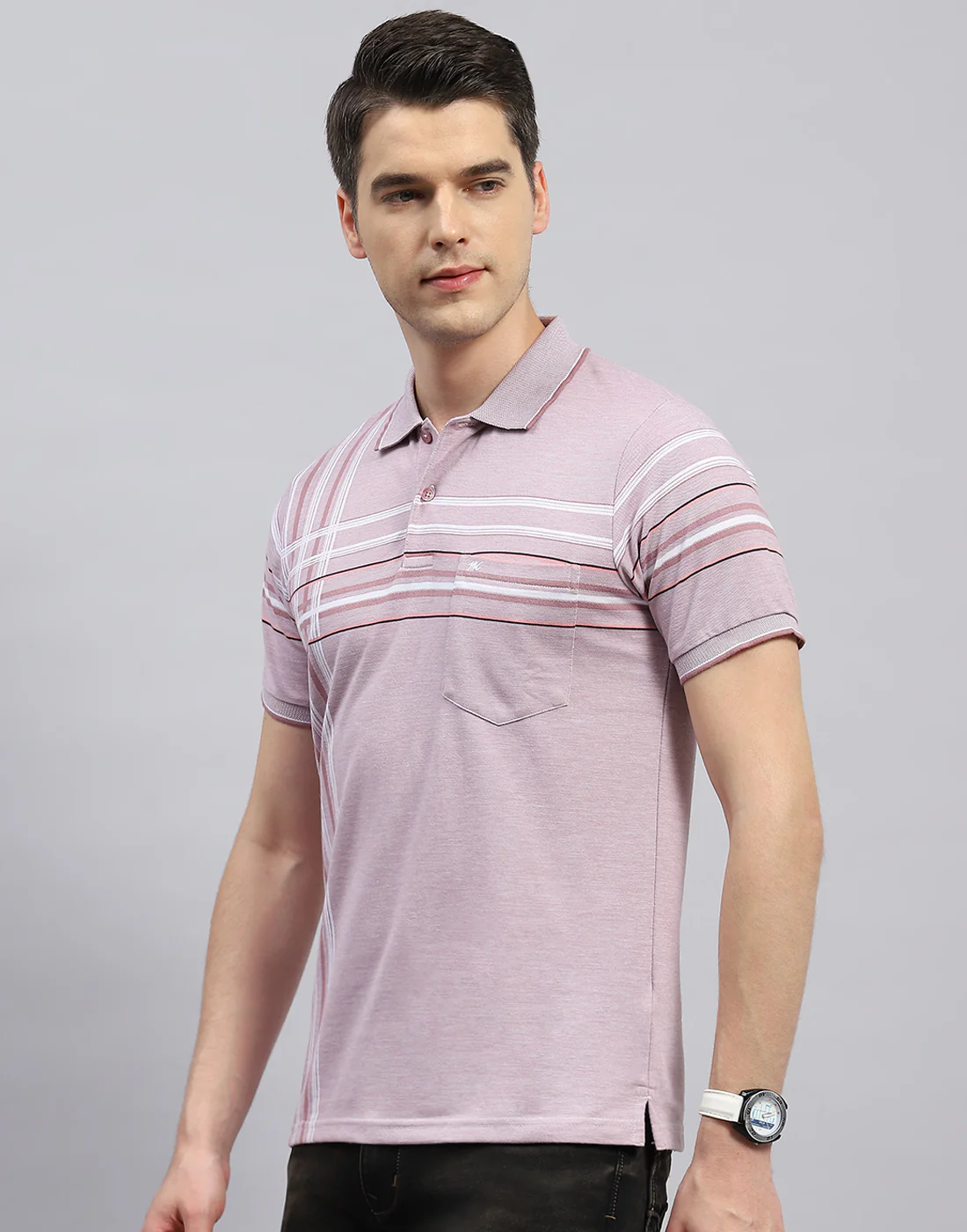 Men Peach Stripe Polo Collar Half Sleeve T-Shirt - Image 3