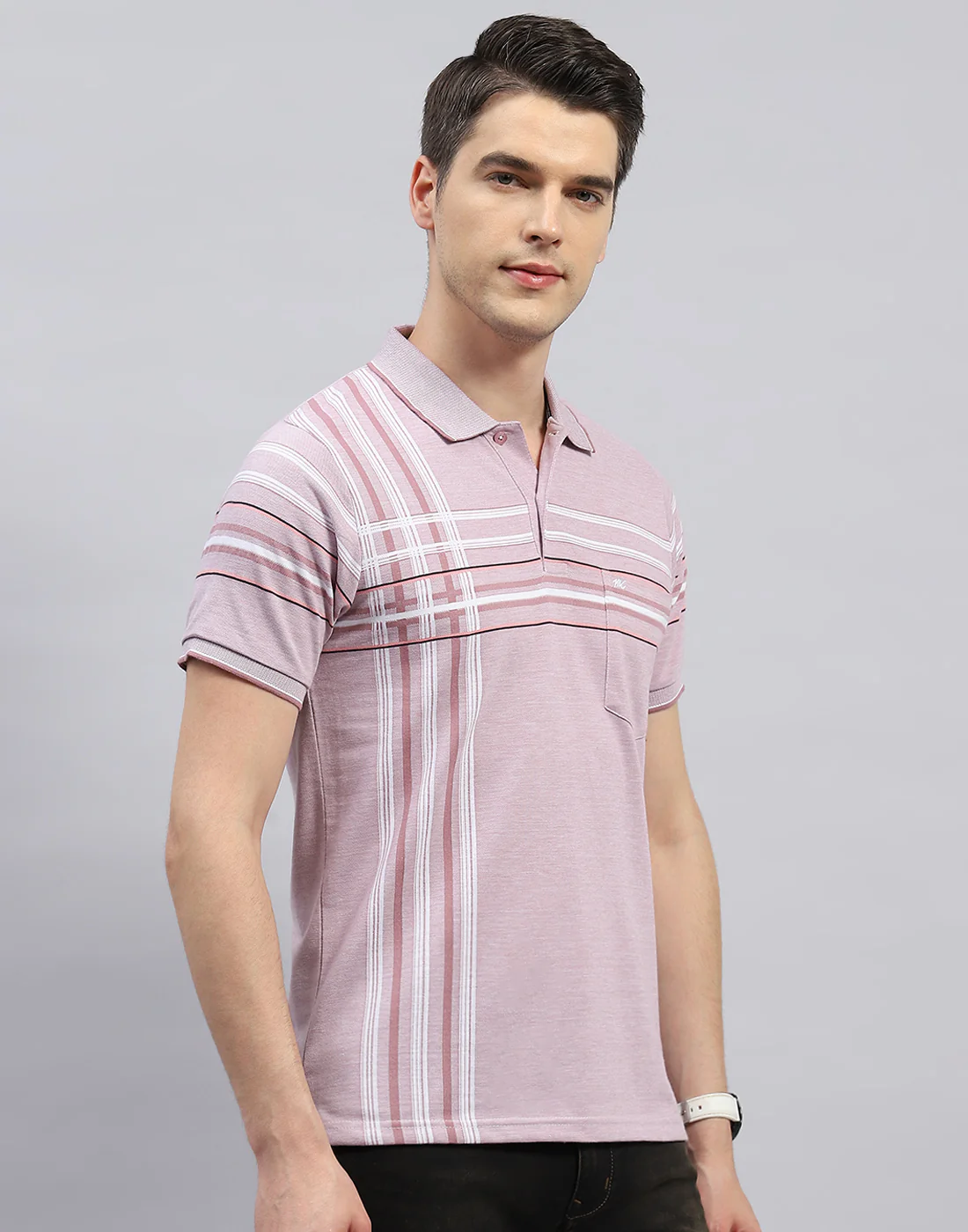 Men Peach Stripe Polo Collar Half Sleeve T-Shirt - Image 4